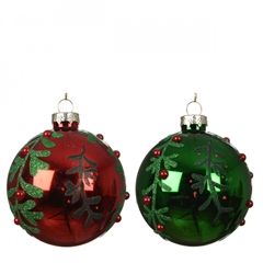 Christmas Bauble Ball Deco Glass Leaves 80mm Ass.